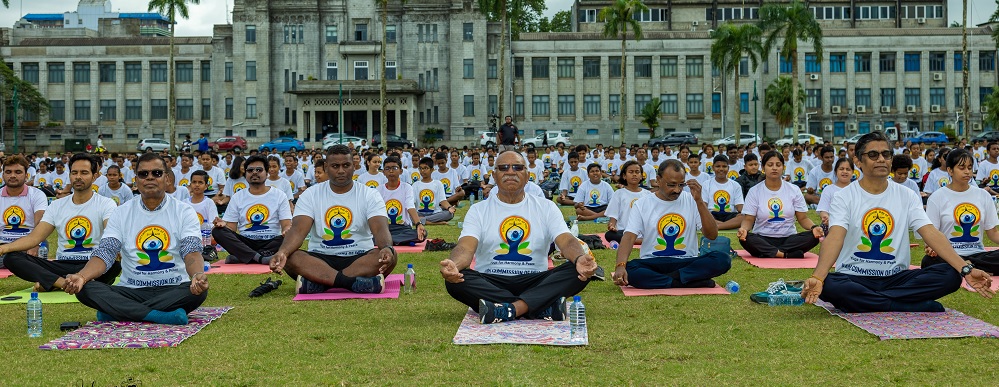 Prime Minister of the Republic of Fiji, Hon. Sitiveni Rabuka leading the 10th International Day of Yoga 2024 celebration at the iconic Albert Park, Suva. 